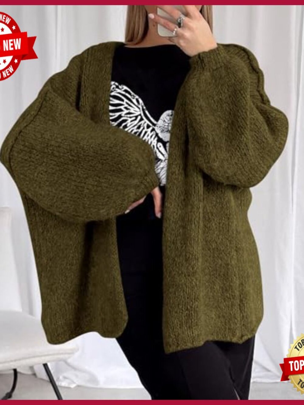 Oversized Cardigan Sweater Long Lantern Sleeve Open Front Lightweight Knit - Picture 6 of 7